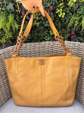 Authentic CHANEL mustard caviar leather mini tote tortoiseshell hardware